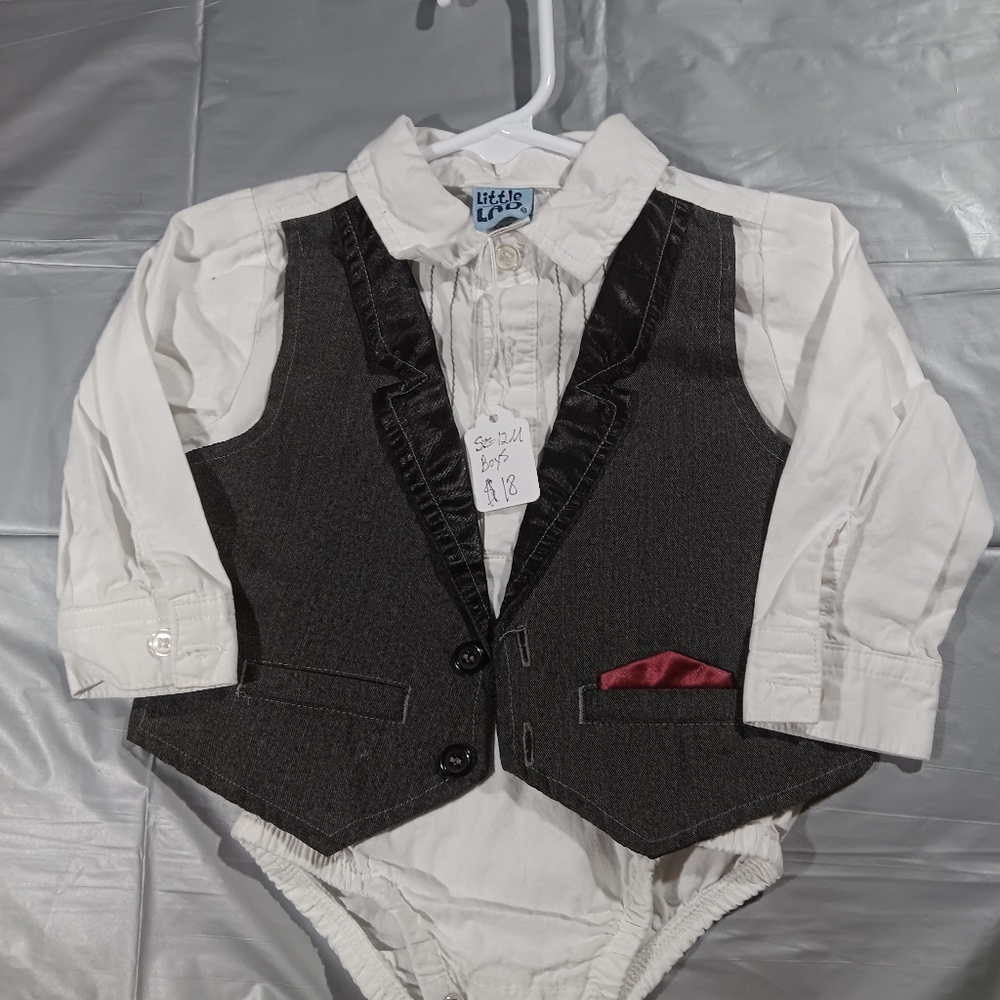 Little Lads, White and Black Vest, Size 12months